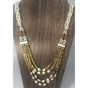 Vintage Carved Tulip Mother of Pearl Multi Strand Beaded Necklace, 24” 59g